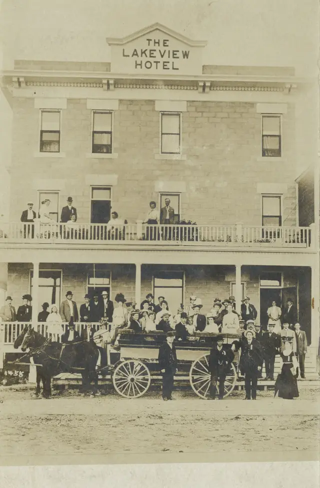 The Lakeview Hotel with townspeople and horse-drawn wagon
